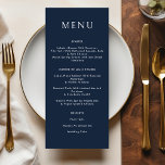 Celestial Wedding Moon Dark Blue Golden Menükarte<br><div class="desc">Celestial Wedding Dark Blue Golden Menu Card mit einer Mondform auf der Rückseite.</div>