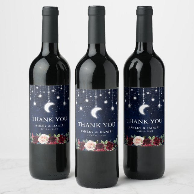 Celestial Wedding Moon Stars Lights Floral Weinetikett (Flaschen)