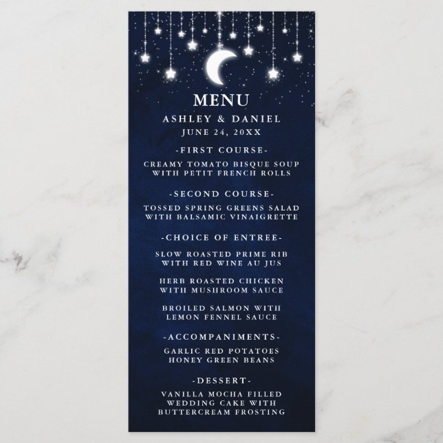 Celestial Wedding Moon Stars Lights Menu Menükarte (Vorderseite)
