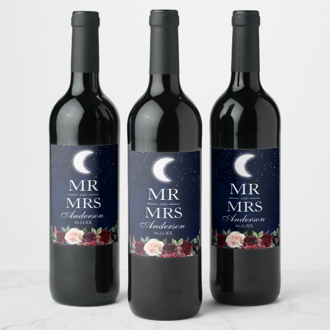Celestial Wedding Moon Stars Mr. und Mrs. Floral Weinetikett (Flaschen)