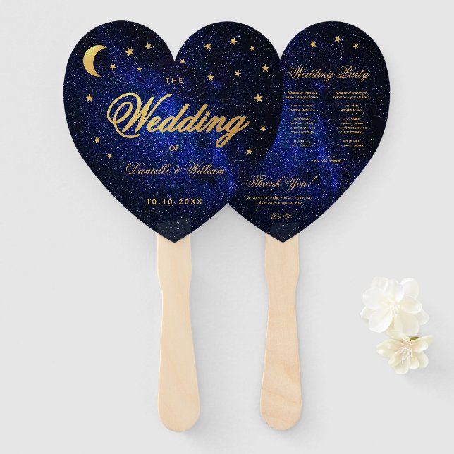 Celestial Wedding Program Gold Stars Moon Elegante Fächer (Vorne und Hinten)