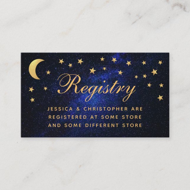 Celestial Wedding Registry Gold Stars Moon Script Begleitkarte (Vorderseite)