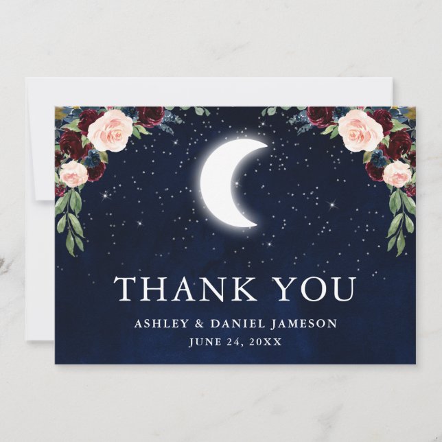 Celestial Wedding Sky Moon Stars Floral Dankeskarte (Vorderseite)