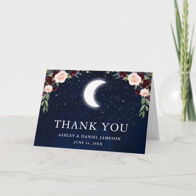 Celestial Wedding Sky Moon Stars Floral Fold Dankeskarte (Vorderseite)