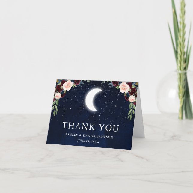 Celestial Wedding Sky Moon Stars Floral Note Dankeskarte (Vorderseite)