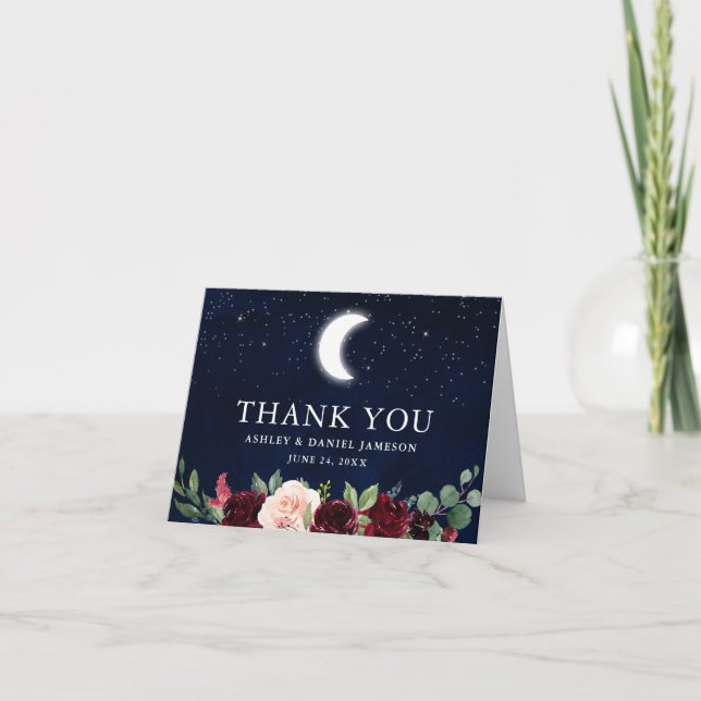 Celestial Wedding Sky Moon Stars Floral Note Dankeskarte (Vorderseite)