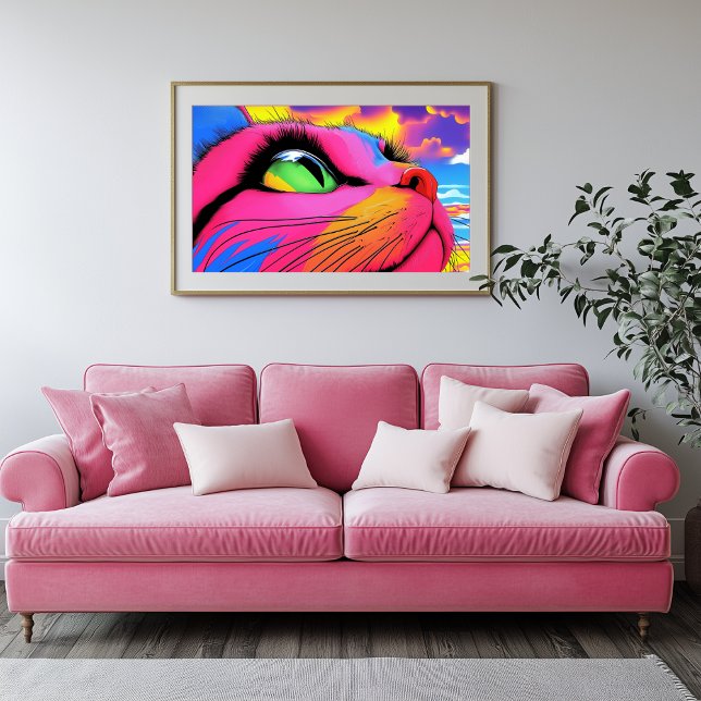 Celestial Whiskers: Ein Traum der Katze Leinwanddruck (Ginormous Cat Looking Up - Psychedelic Art)