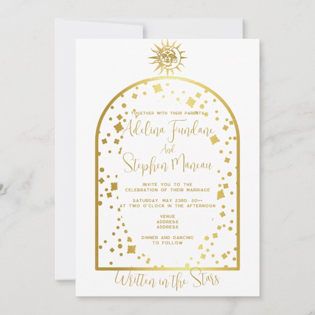 Celestial White and Gold Stars Moon & Sun Wedding Einladung (Vorderseite)