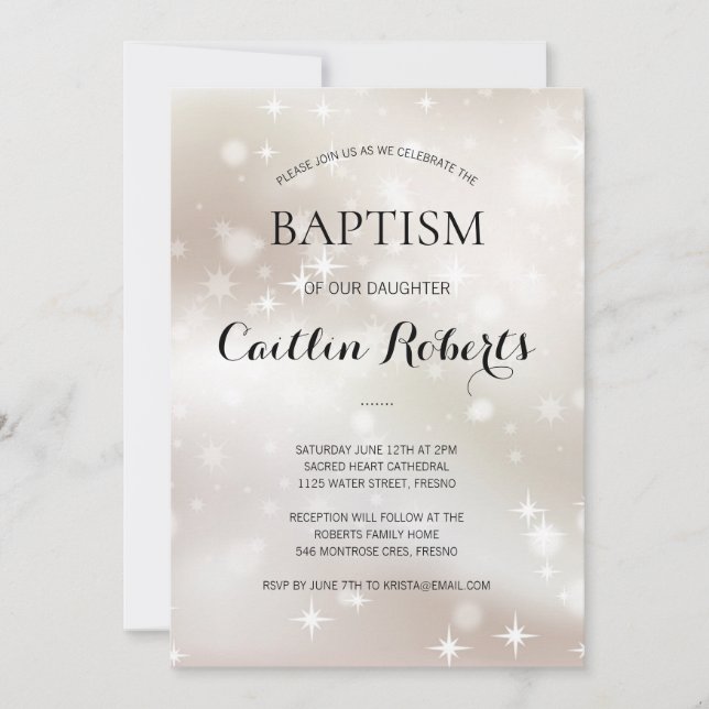 Celestial White Gold Stars Taufe Christening Einladung (Vorderseite)
