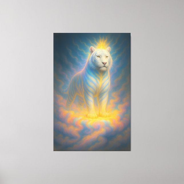 Celestial White Tiger – Divine Rainbow Aura Fantas Leinwanddruck (Vorderseite)
