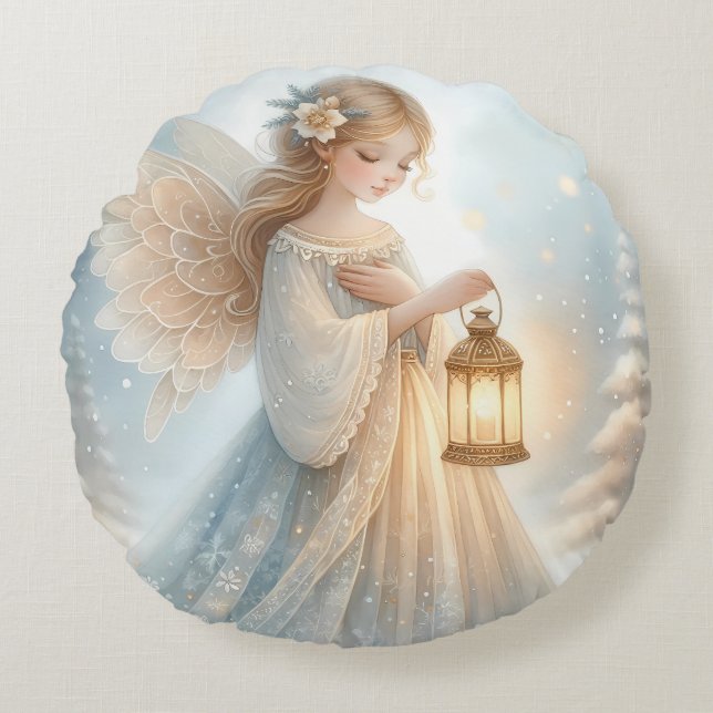 Celestial Winter Angel Lantern of Comfort Rundes Kissen (Vorderseite)