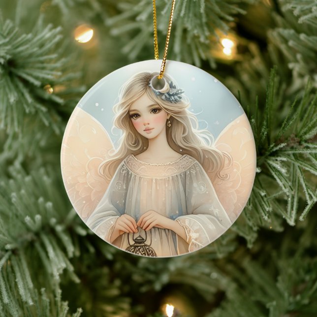 Celestial Winter Angel Lantern of Grace Keramik Ornament (Baum)