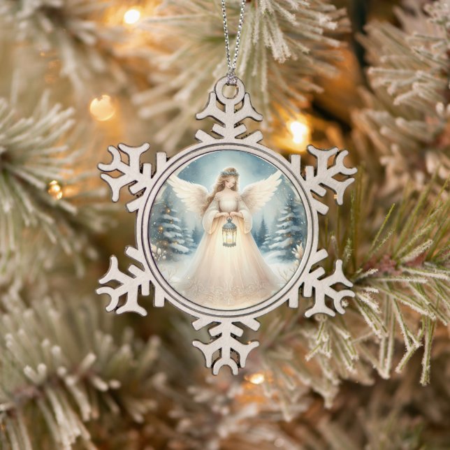 Celestial Winter Angel Lantern of Hope Schneeflocken Zinn-Ornament (Baum)