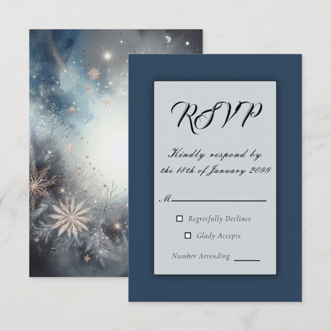 Celestial Winter Midnight Sparkle Wedding RSVP Karte (Vorne/Hinten)