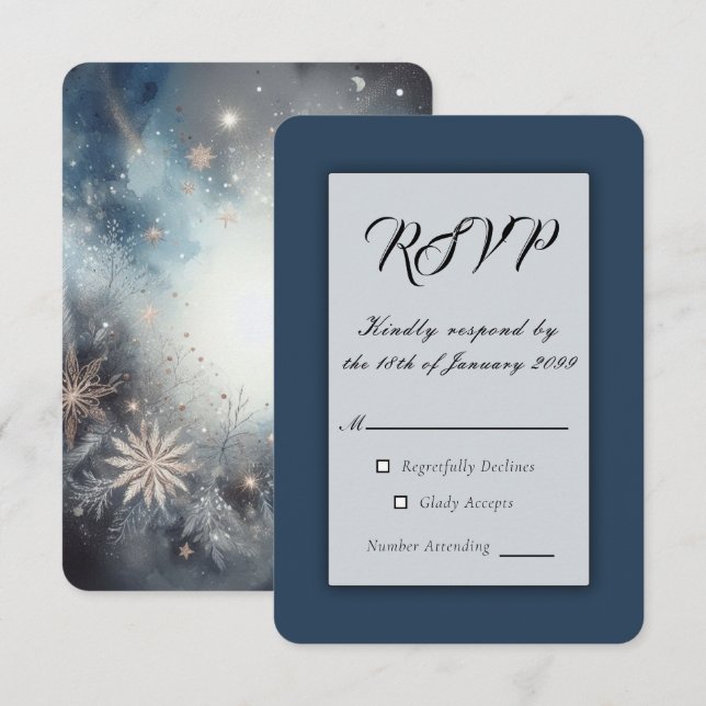 Celestial Winter Midnight Sparkle Wedding RSVP Karte (Vorne/Hinten)