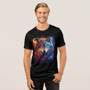 Celestial Wolf with Flowers and Crescent Moon Tri-Blend Shirt