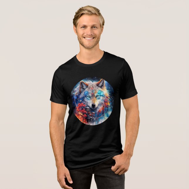 Celestial Wolf with Temple and Galaxy Sky Tri-Blend Shirt (Vorderseite voll)