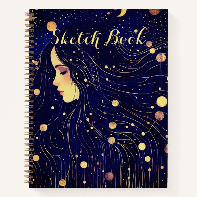 Celestial Woman Sky Goddess Moon Stars Sketch Notizbuch (Vorderseite)
