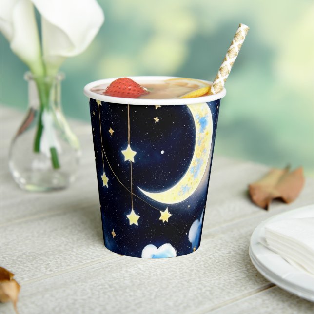 Celestial Wonders: Mond and Stars Boy Baby Shower Pappbecher (In Situ)
