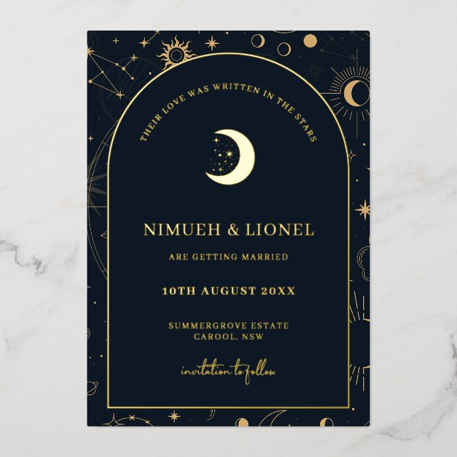 Celestial Writin the stars Save the Date Foil Folieneinladung (Vorderseite)