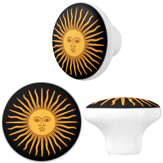 Celestial Yellow Sunshine Face on Black Elegant Keramikknauf (Celestial sunburst ceramic furniture, drawer or cabinet pull knobs will add style and warmth!)