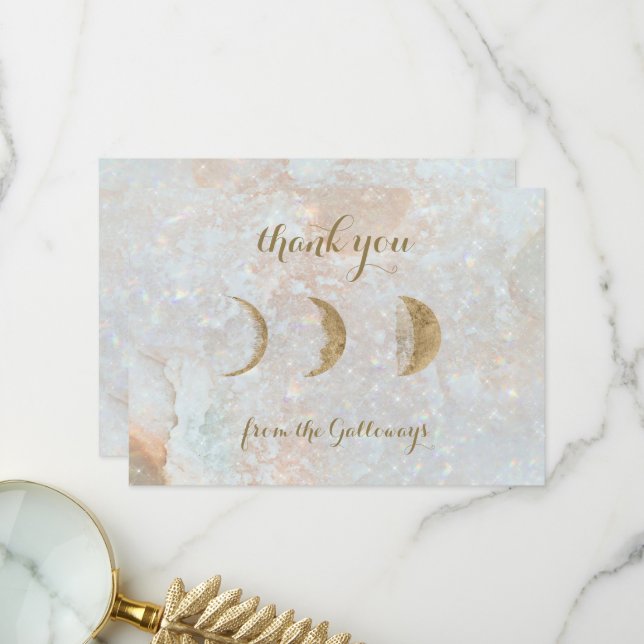 Celestial Zodiac Moon Blue Gold Typografy Wedding Dankeskarte (Vorderseite/Rückseite Beispiel)