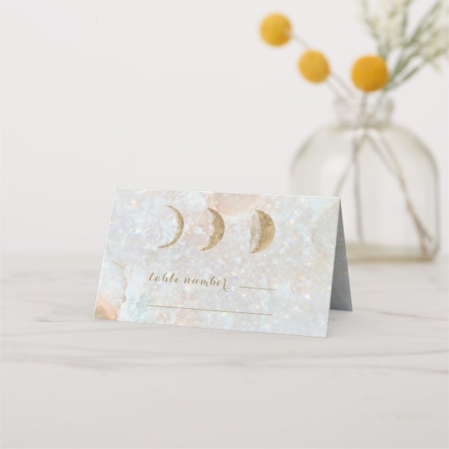 Celestial Zodiac Moon Blue Gold Wedding Table Platzkarte (Vorderseite)