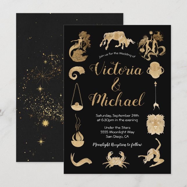 Celestial Zodiac Signs Hochzeitseinladung Einladung (Vorne/Hinten)