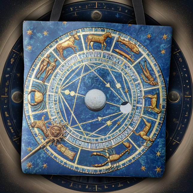 Celestial Zodiac Wheel Vintag Astrologie Blue Gold Tasche (Zodiac wheel tote bag for astrology books, themed party, astrologer organization, celestial fashion)