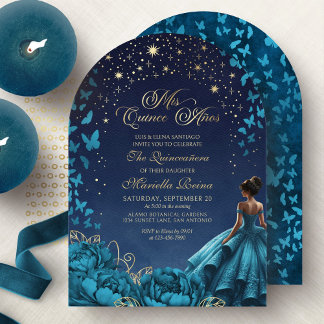 Celestis Aquamarin Stars Blume Dress Quinceanera Einladung