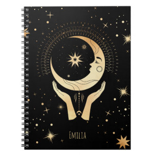 Celestische Esoteric Black Gold Moon Hand Stars Notizblock