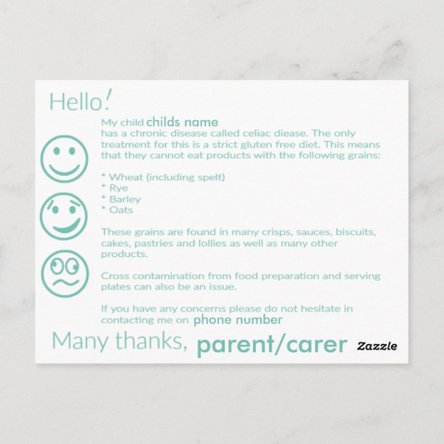 Celiac-Informationskarte Postkarte (Rückseite)