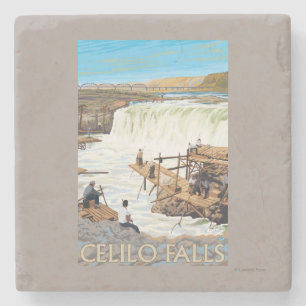 Celilo fällt, Vintages Reise-Plakat fischend Steinuntersetzer
