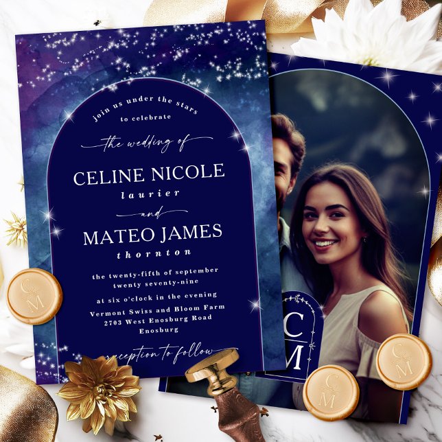 Celine ・ Elegantes Night Sky Arched Wedding Foto Einladung (Celebrate your love story with the Celine wedding invite, featuring a custom photo.)