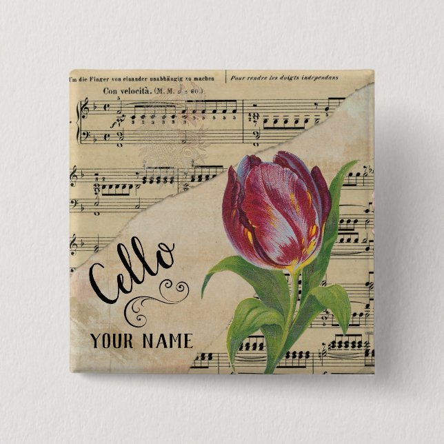 Cello Tulip Vintage Noten individuell angepasst Button (Vorderseite)