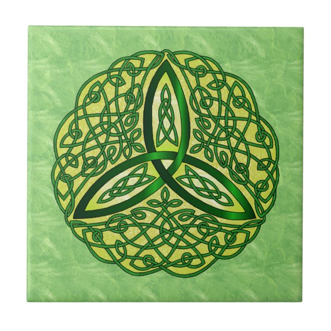 Celtic Art Trinity Knot Green und Gold Fliese (Vorderseite)