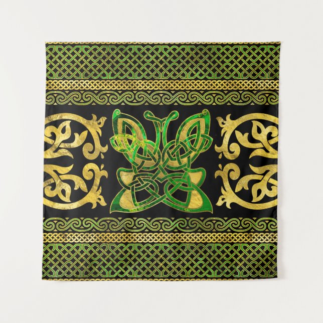 Celtic Butterfly - Grüner Marmor und Gold Wandteppich (Vorderseite)