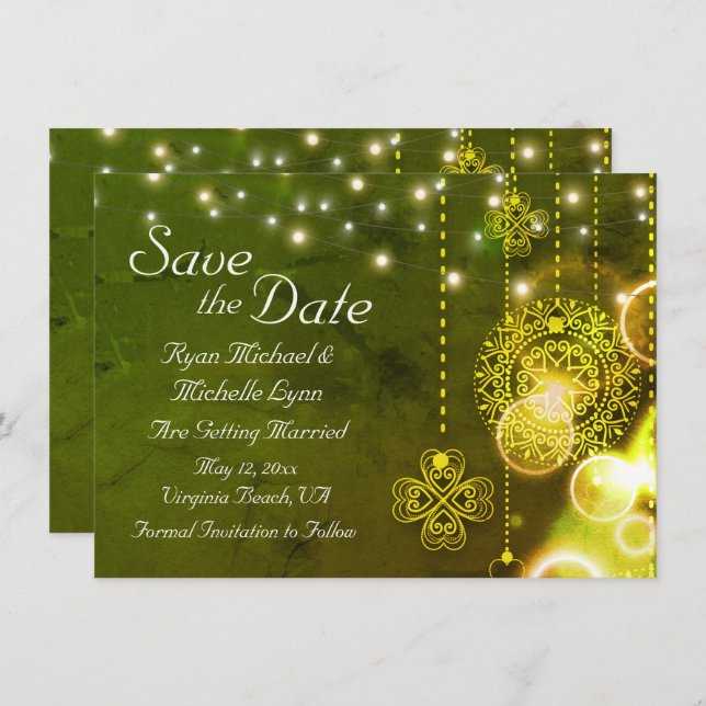 Celtic Clovers and String Lights Irish Wedding Save The Date (Vorne/Hinten)