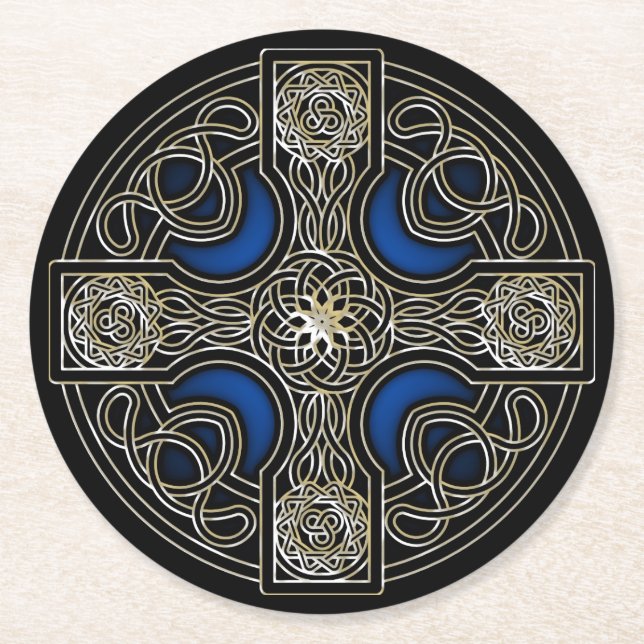 Celtic Cross Blue Runder Pappuntersetzer (Vorderseite)