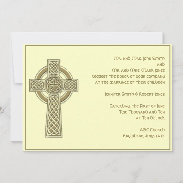 Celtic Cross in Gold Ivory Hochzeit Einladung (Vorderseite)