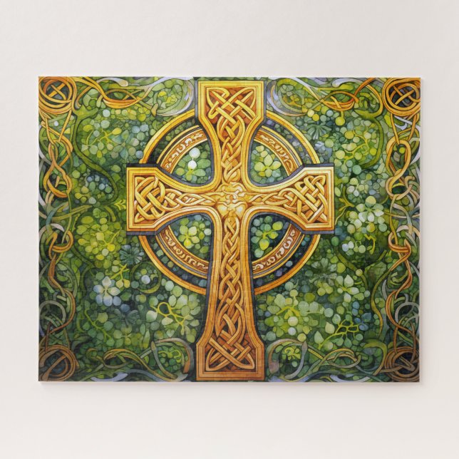 Celtic Cross keltic Knot Green Gold Knüpfarbeit (Horizontal)