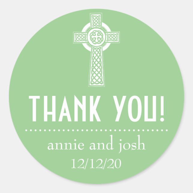 Celtic Cross Vielen Dank Labels (Sage Green / Whit Runder Aufkleber (Vorderseite)
