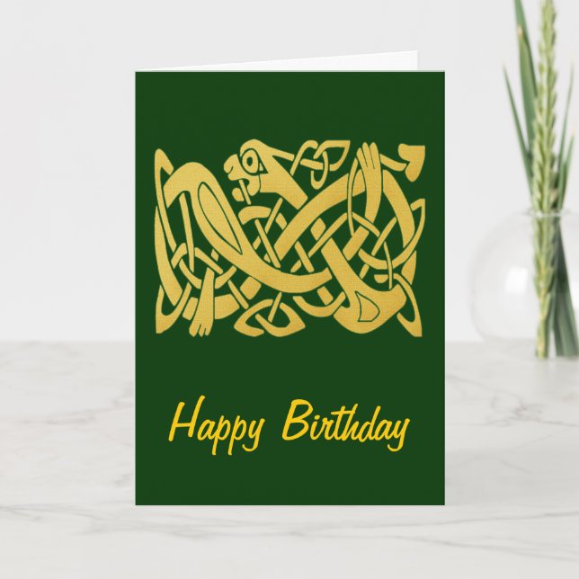 Celtic Golden Snake auf der dunkelgrünen Geburtsta Karte (Vorderseite)
