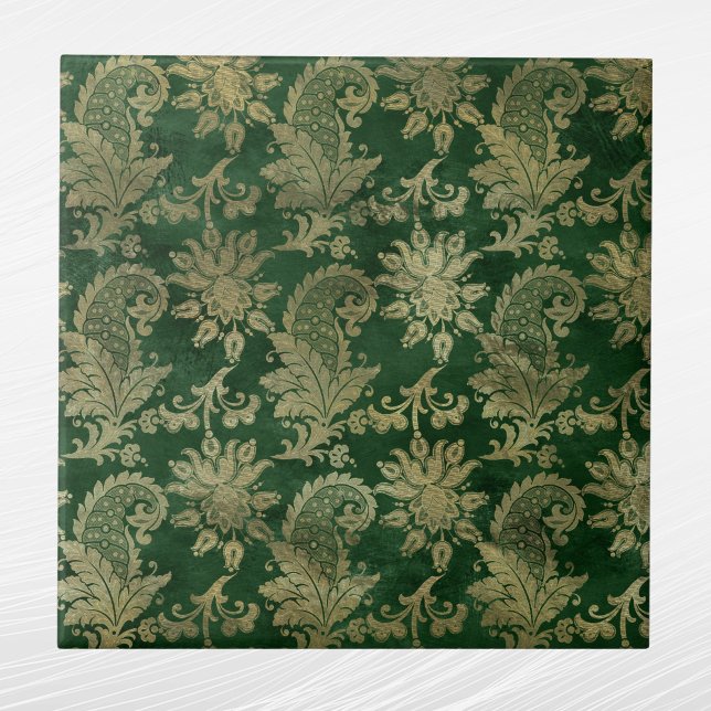 Celtic Green Gold Paisley Floral Pattern Fliese (Von Creator hochgeladen)
