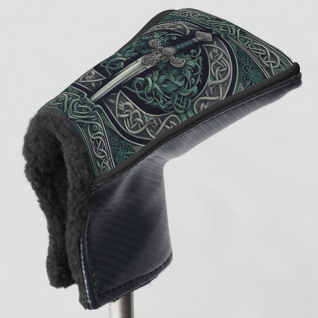 Celtic Green und Silver Sword Golf Headcover (3/4 Vorderseite)