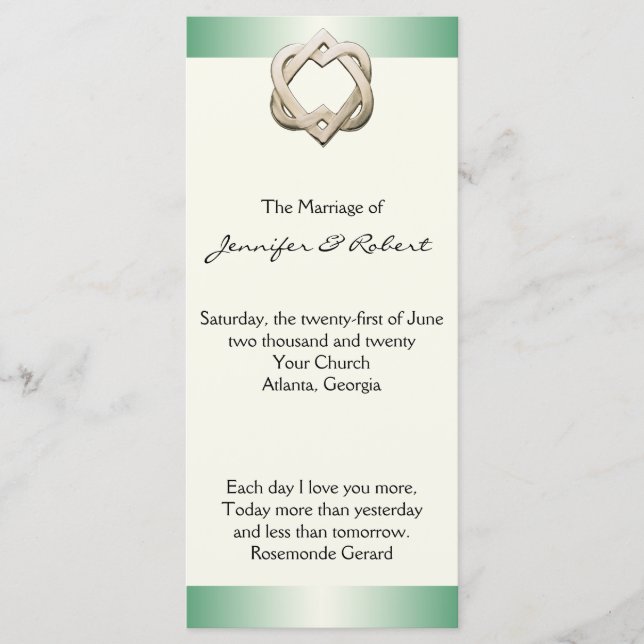 Celtic Hearts on Green Gradient Wedding Program Programm (Vorderseite)