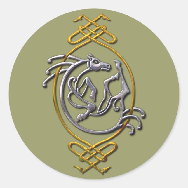Celtic Horse Knüpfarbeit - Silver & Gold Runder Aufkleber (Vorderseite)