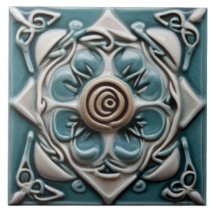 Celtic Inspiriert Aquamarin Green and White Rose B Fliese