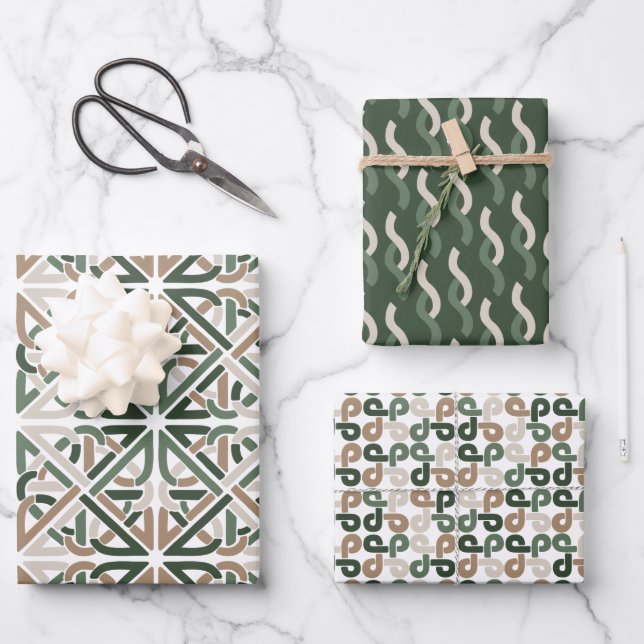 Celtic IRISH Knoten grünbraunes Beige Geschenkpapier Set (Vorderseite)
