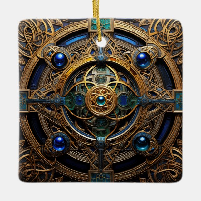 Celtic Knot Blue Gold Knüpfarbeit Keramikornament (Vorderseite)